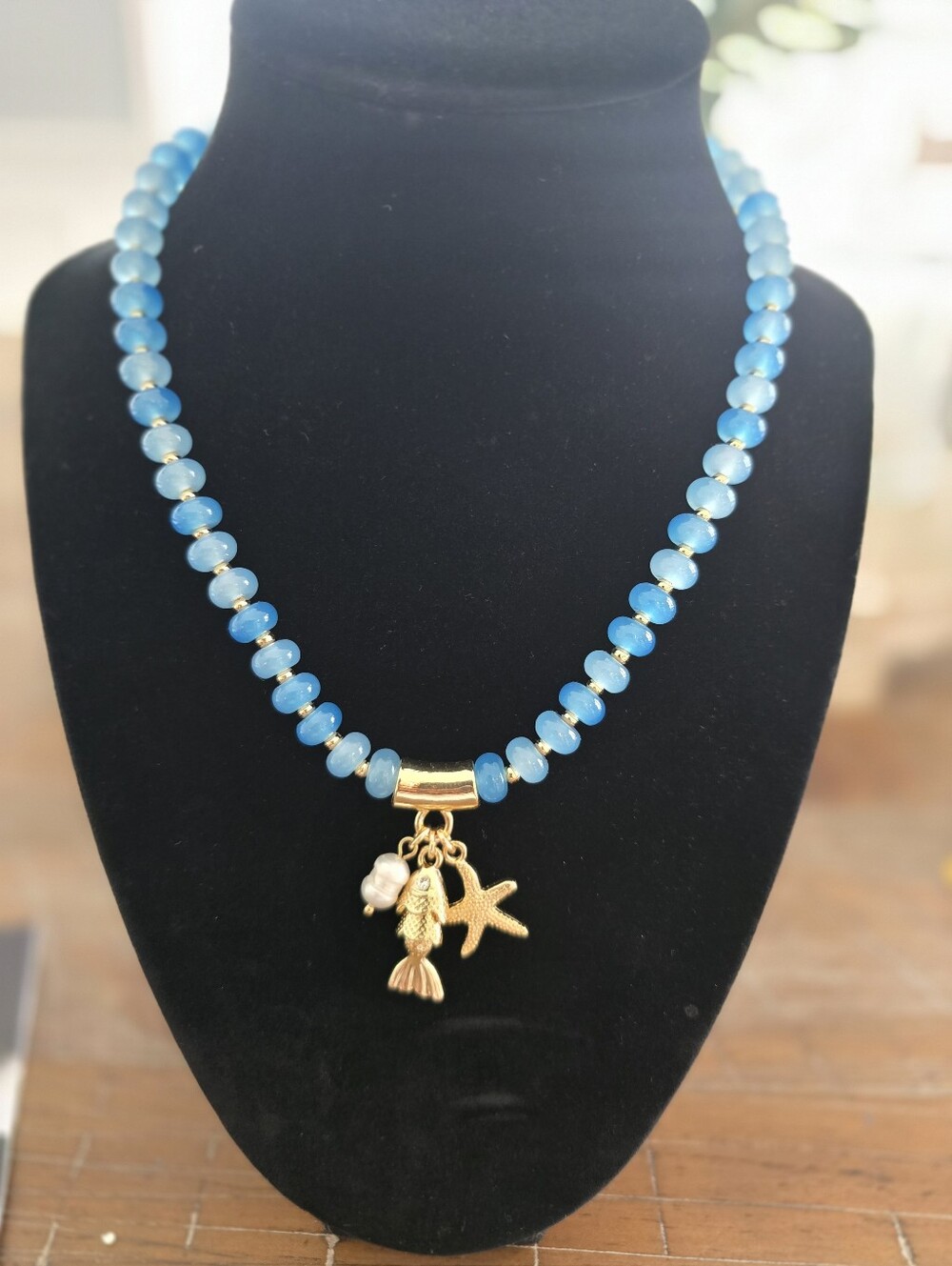 Viral Piper K Blue Glass Beaded Pendant Necklace with Gold Sea Charms